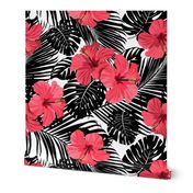 Pink Hibiscus Black and While Tropical Palm Frawns Branches