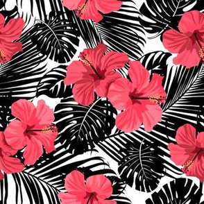 Pink Hibiscus Black and While Tropical Palm Frawns Branches