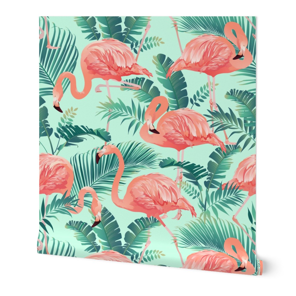 Pink Flamingos on Teal Tropical Birds Tropical Plants