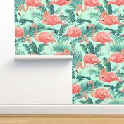 Pink Flamingos on Teal Tropical Birds Tropical Plants