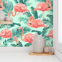 Pink Flamingos on Teal Tropical Birds Tropical Plants