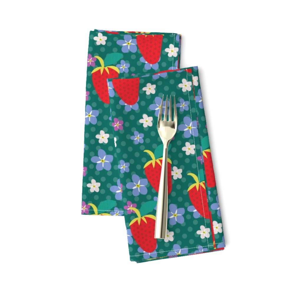 Summer Teal Polka Dots, Red Strawberries, Orchid flowers, tiny flowers, scattered flowers