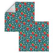 Summer Teal Polka Dots, Red Strawberries, Orchid flowers, tiny flowers, scattered flowers