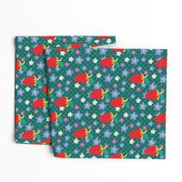 Summer Teal Polka Dots, Red Strawberries, Orchid flowers, tiny flowers, scattered flowers