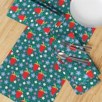 Summer Teal Polka Dots, Red Strawberries, Orchid flowers, tiny flowers, scattered flowers