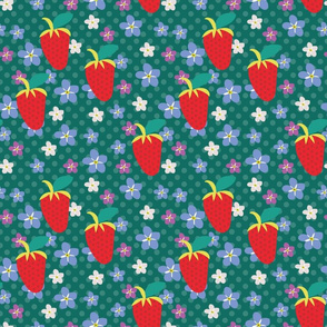 Summer Teal Polka Dots, Red Strawberries, Orchid flowers, tiny flowers, scattered flowers