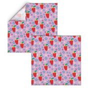 Summer Orchid Polka Dots, Orchid fabric, Scattered Flowers, Red strawberries, Violet flowers