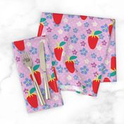 Summer Orchid Polka Dots, Orchid fabric, Scattered Flowers, Red strawberries, Violet flowers