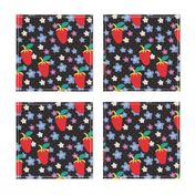 Summer Black Polka Dots, Black fabric, Strawberry fabric, Violet flowers, Scattered Flowers, Kitchen Fabric