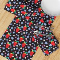 Summer Black Polka Dots, Black fabric, Strawberry fabric, Violet flowers, Scattered Flowers, Kitchen Fabric