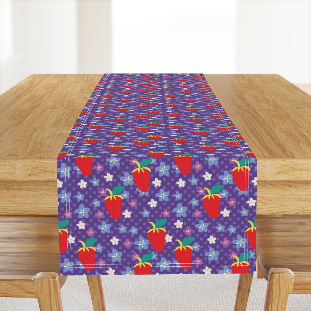 Summer Purple Polka Dots, Purple Fabric, Red Strawberries, Violet flowers, Kitchen fabric, Floral fabric