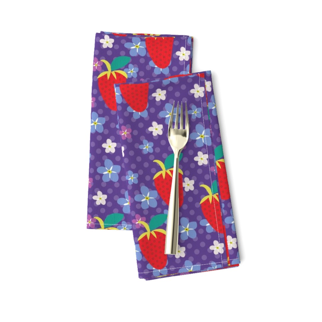 Summer Purple Polka Dots, Purple Fabric, Red Strawberries, Violet flowers, Kitchen fabric, Floral fabric