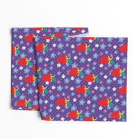 Summer Purple Polka Dots, Purple Fabric, Red Strawberries, Violet flowers, Kitchen fabric, Floral fabric