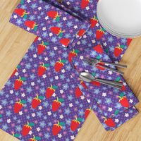 Summer Purple Polka Dots, Purple Fabric, Red Strawberries, Violet flowers, Kitchen fabric, Floral fabric