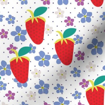 Summer White, Polka Dots, Fruit fabric, Strawberry fabric, Violet flowers, Scattered flowers, Kitchen fabric, Floral Fabric