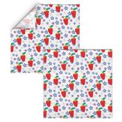 Summer White, Polka Dots, Fruit fabric, Strawberry fabric, Violet flowers, Scattered flowers, Kitchen fabric, Floral Fabric