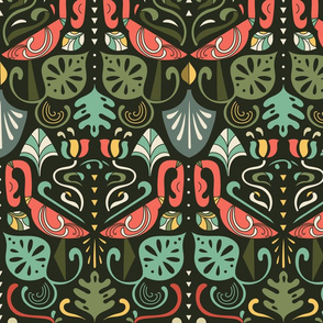 artdeco flamingos and tropical leaves design pattern 2