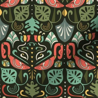 Artdeco flamingos and tropical leaves design pattern.