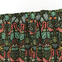 Artdeco flamingos and tropical leaves design pattern.