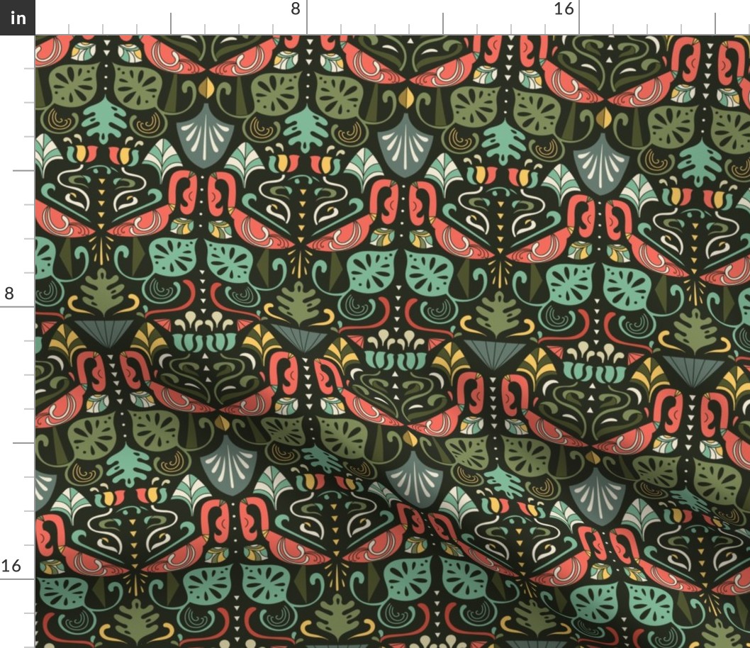 Artdeco flamingos and tropical leaves design pattern.