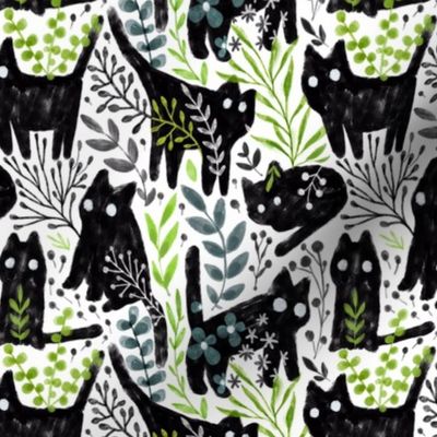  Gouache black cat and botanical leaves design