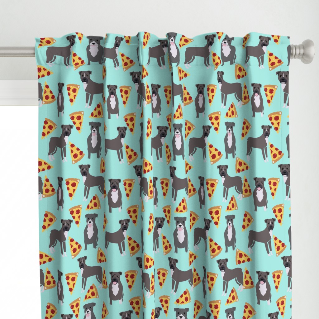 pitbull pizza fabric - blue pittys dog fabric cute pitbulls dog design - aqua