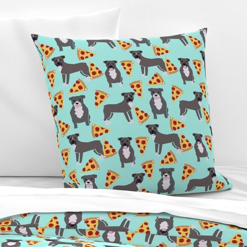 pitbull pizza fabric - blue pittys dog fabric cute pitbulls dog design - aqua