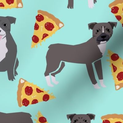 pitbull pizza fabric - blue pittys dog fabric cute pitbulls dog design - aqua