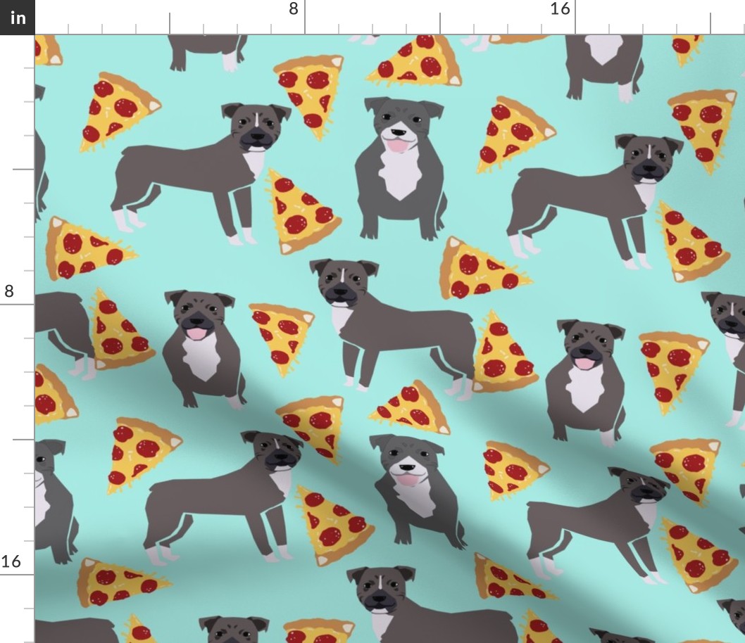 pitbull pizza fabric - blue pittys dog fabric cute pitbulls dog design - aqua