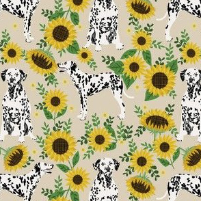 dalmatian sunflower fabric - dogs and florals design cute dog design  - sand