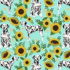 dalmatian sunflower fabric - dogs and florals design cute dog design - aqua