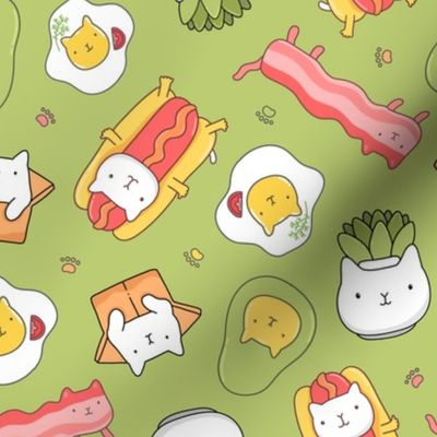 Cat hotdog, cat succulent, cat avocado, egg cat, bacon cat GREEN.