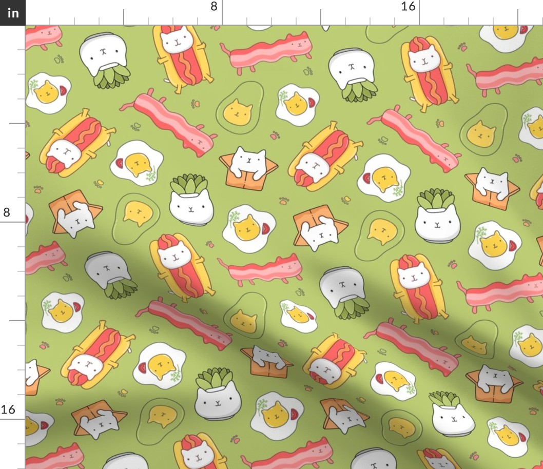 Cat hotdog, cat succulent, cat avocado, egg cat, bacon cat GREEN.