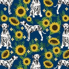 dalmatian sunflower fabric - dogs and florals design cute dog design - navy