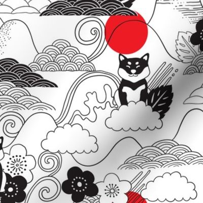 Black Shiba inu pattern. Cherry flowers, doodles clouds, red sun.