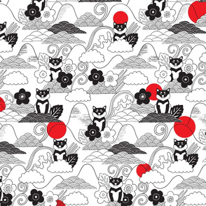 Black Shiba inu pattern. Cherry flowers, doodles clouds, red sun.