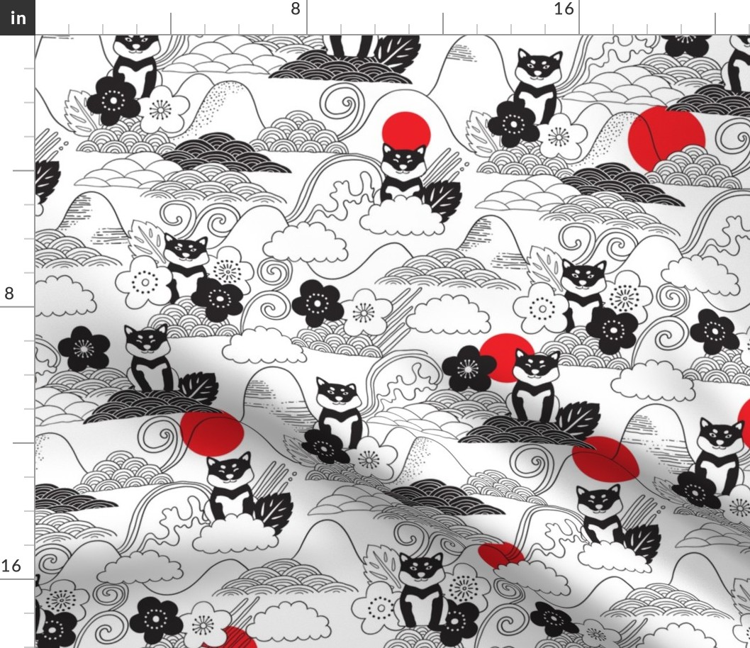 Black Shiba inu pattern. Cherry flowers, doodles clouds, red sun.