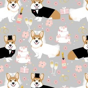 corgi wedding fabric - cute corgis getting married florals, celebration, spring, summer dog design - grey