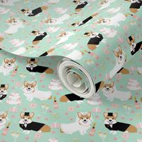 corgi wedding fabric - cute corgis getting married florals, celebration, spring, summer dog design - mint