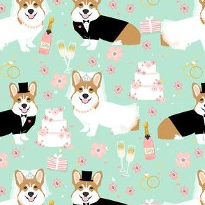 corgi wedding fabric - cute corgis getting married florals, celebration, spring, summer dog design - mint
