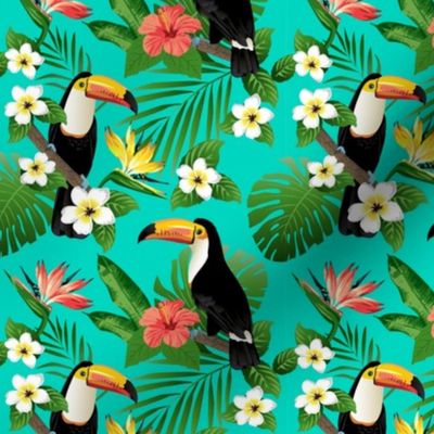 Tucan on Teal Tropical Birds Tropical Plants Hibiscus Bird of Paradise