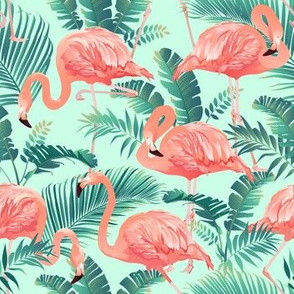 Flamingos on Teal Tropical Birds Tropical Plants