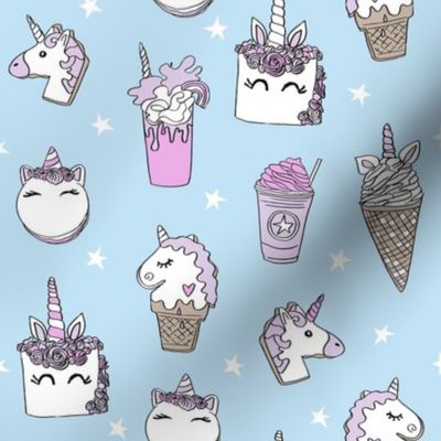 unicorn food // ice cream cone unicorns cake cute kawaii rainbows fabric blue