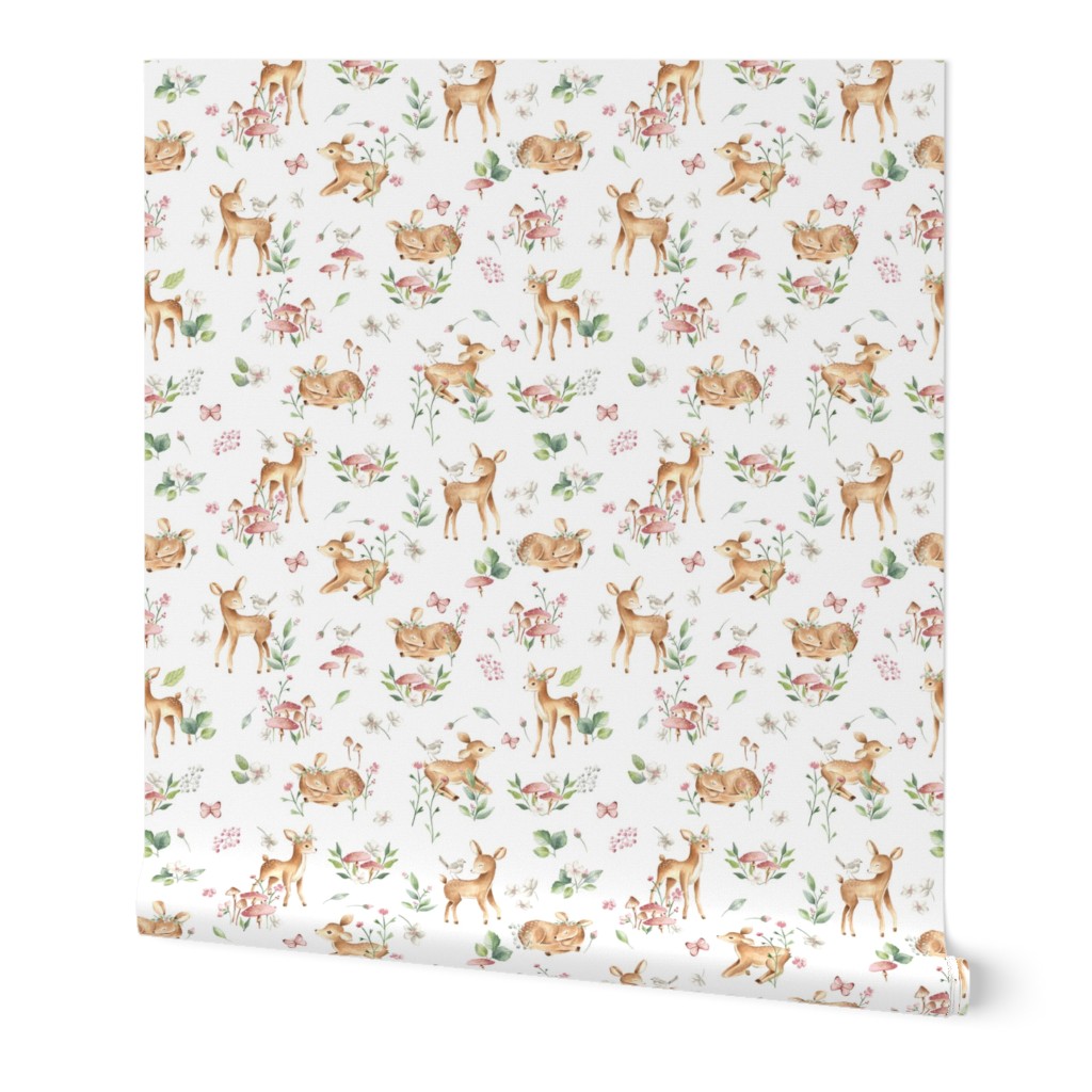 Large Baby Deer with flowers  white / Woodland Deer / Forest Animals/ Nursery Fabric