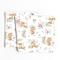 Large Baby Deer with flowers  white / Woodland Deer / Forest Animals/ Nursery Fabric