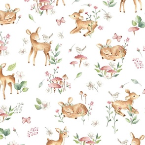 Large Baby Deer with flowers  white / Woodland Deer / Forest Animals/ Nursery Fabric