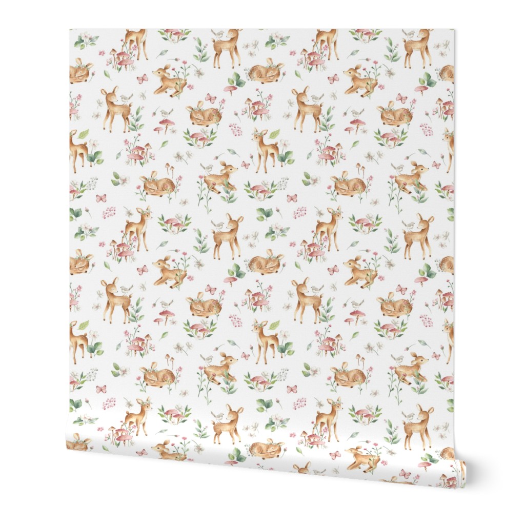 Small- Baby Deer with flower- white / Woodland Deer / Forest Animals/ Nursery Fabric