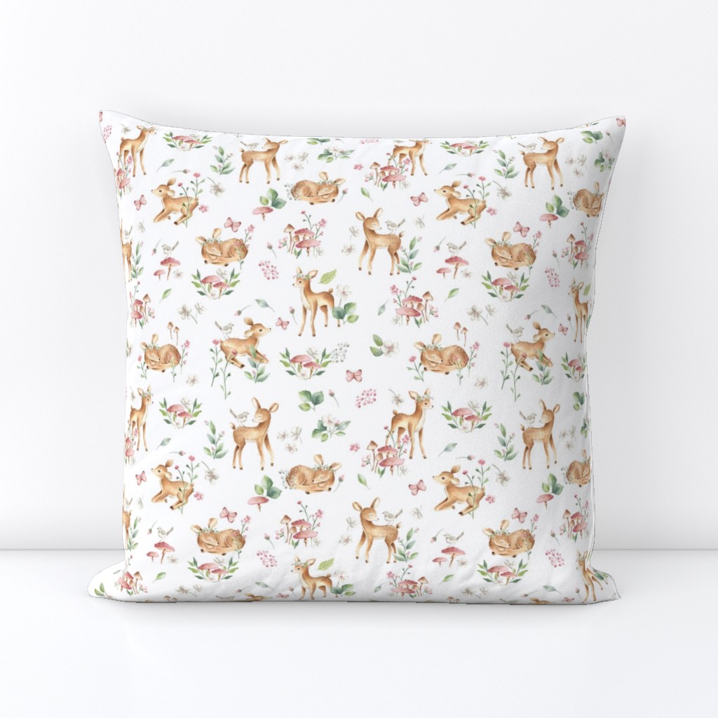 Small- Baby Deer with flower- white / Woodland Deer / Forest Animals/ Nursery Fabric