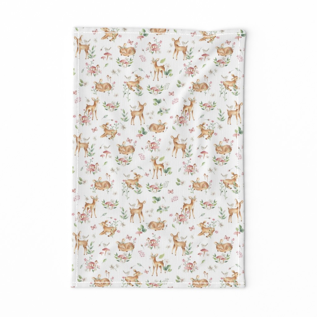 Small- Baby Deer with flower- white / Woodland Deer / Forest Animals/ Nursery Fabric