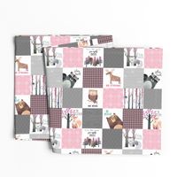 3" BLOCKS- Woodland Critters Patchwork Quilt ROTATED - Bear Moose Fox Raccoon Wolf, Grey & Pink Design GingerLous